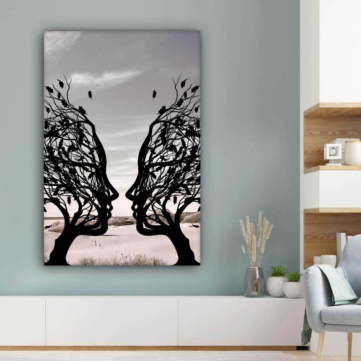 LEINWANDBILD Strand - Meer - Menschen - Baum - Moderne Kunst Deko XXL 80x120 cm - Hellgrau, Textil (80/120cm) - MuchoWow