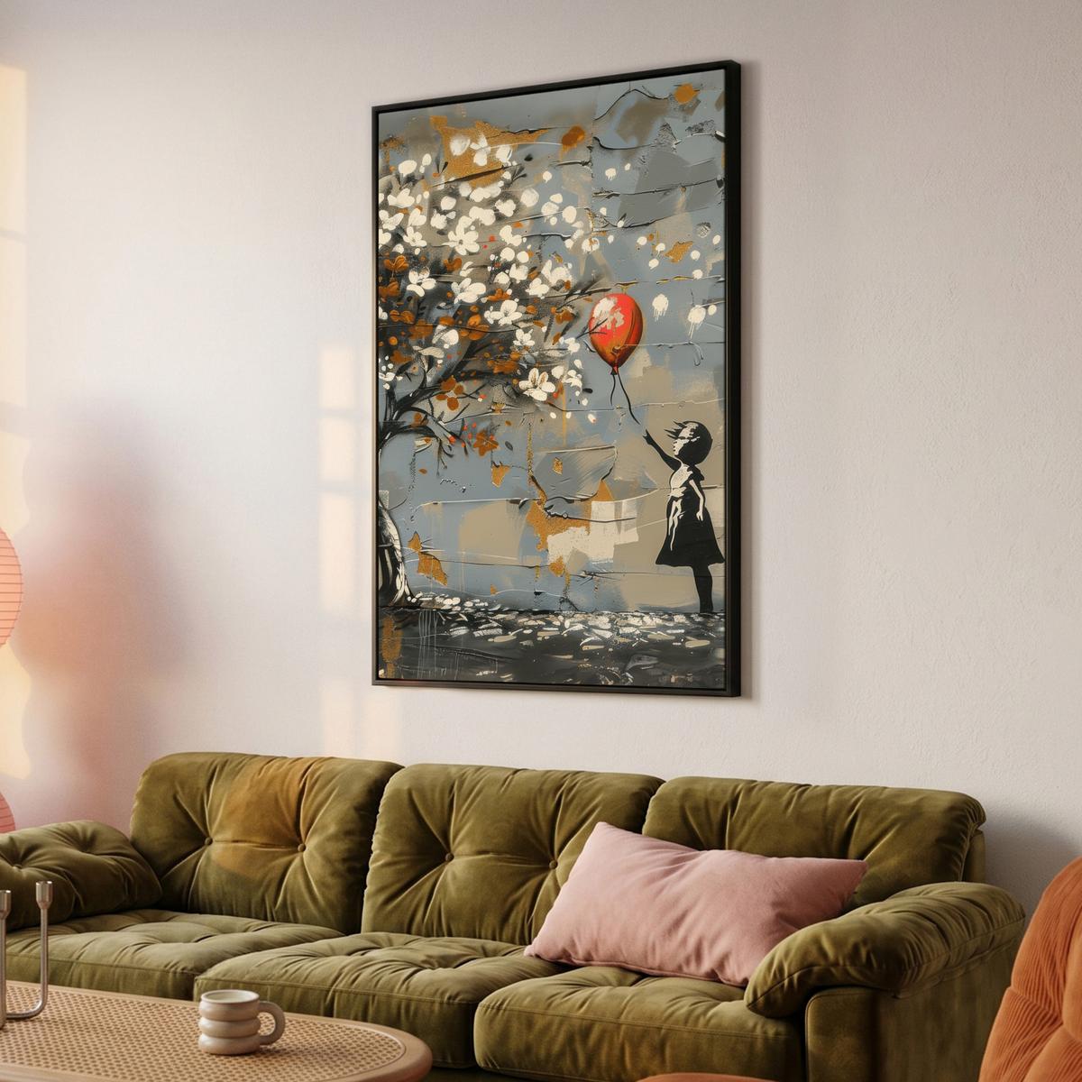 LEINWAND Bilder mit Rahmen - Baum - Graffiti - Banksy-Stil - Ballon-Mädchen - 80x120 - Blaugrau, Textil (80/120cm) - MuchoWow