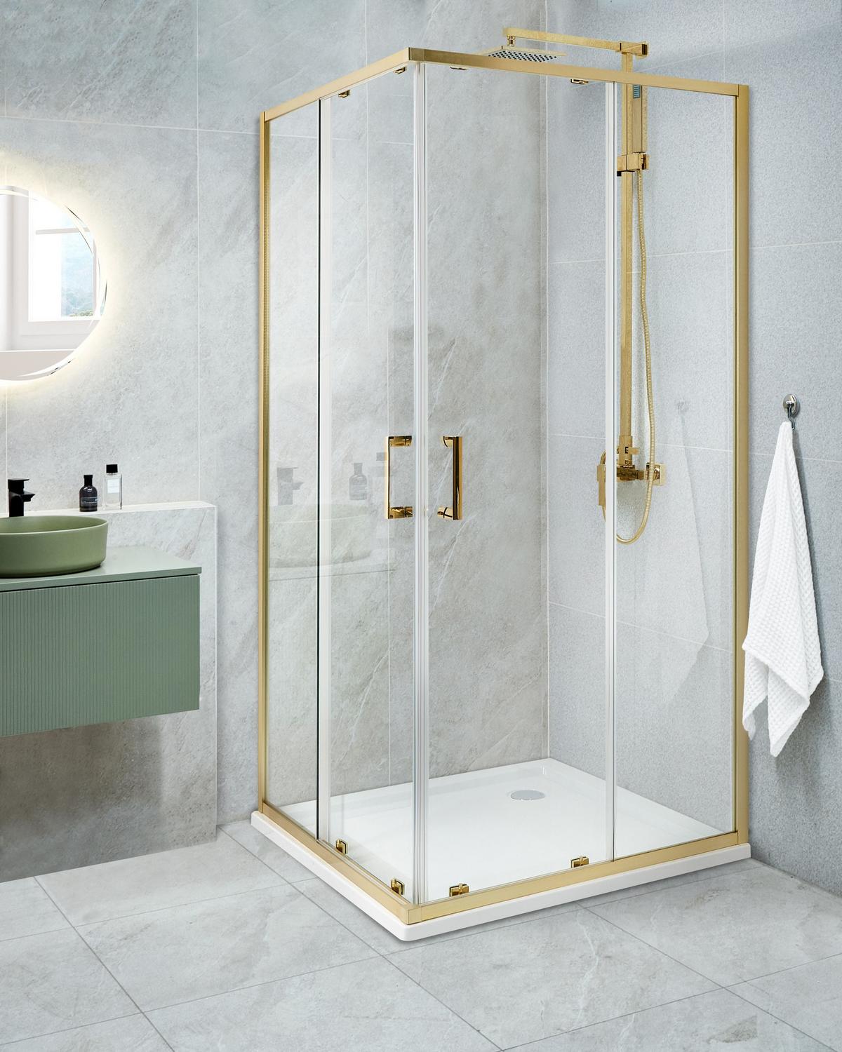 DUSCHKABINE 90/90/185 cm Gold Tela - Transparent/Goldfarben, Glas (90/90/185cm) - Beliani