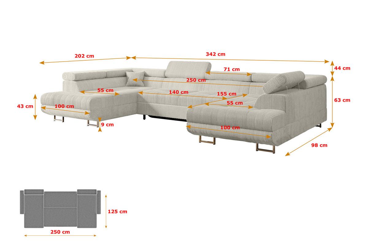 WOHNLANDSCHAFT mit Schlaffunktion und Bettkasten GUSA-U 342x202x107 cm Creme Cord - Silberfarben/Hellgrau, Holzwerkstoff/Textil (342/107/202cm) - ALTDECOR