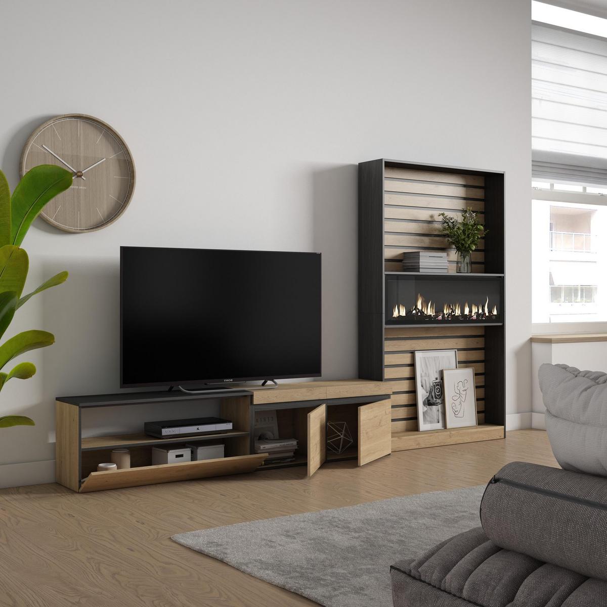 WOHNWAND Wohnzimmer, eiche, schwarz, Elektrokamin,, 310/35/186cm - Eichefarben/Beige, Holzwerkstoff (310/186/35cm) - Skraut Home