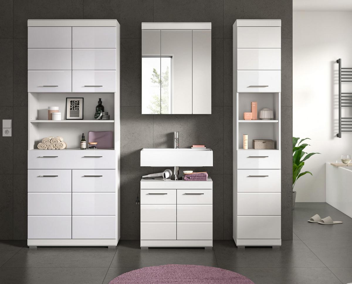 HOCHSCHRANK weiß Hochglanz 74 x 191 cm, Badschrank mit viel Stauraum - Weiß Hochglanz/Silberfarben, Holzwerkstoff/Kunststoff (74/191/31cm) - Inn.Furn
