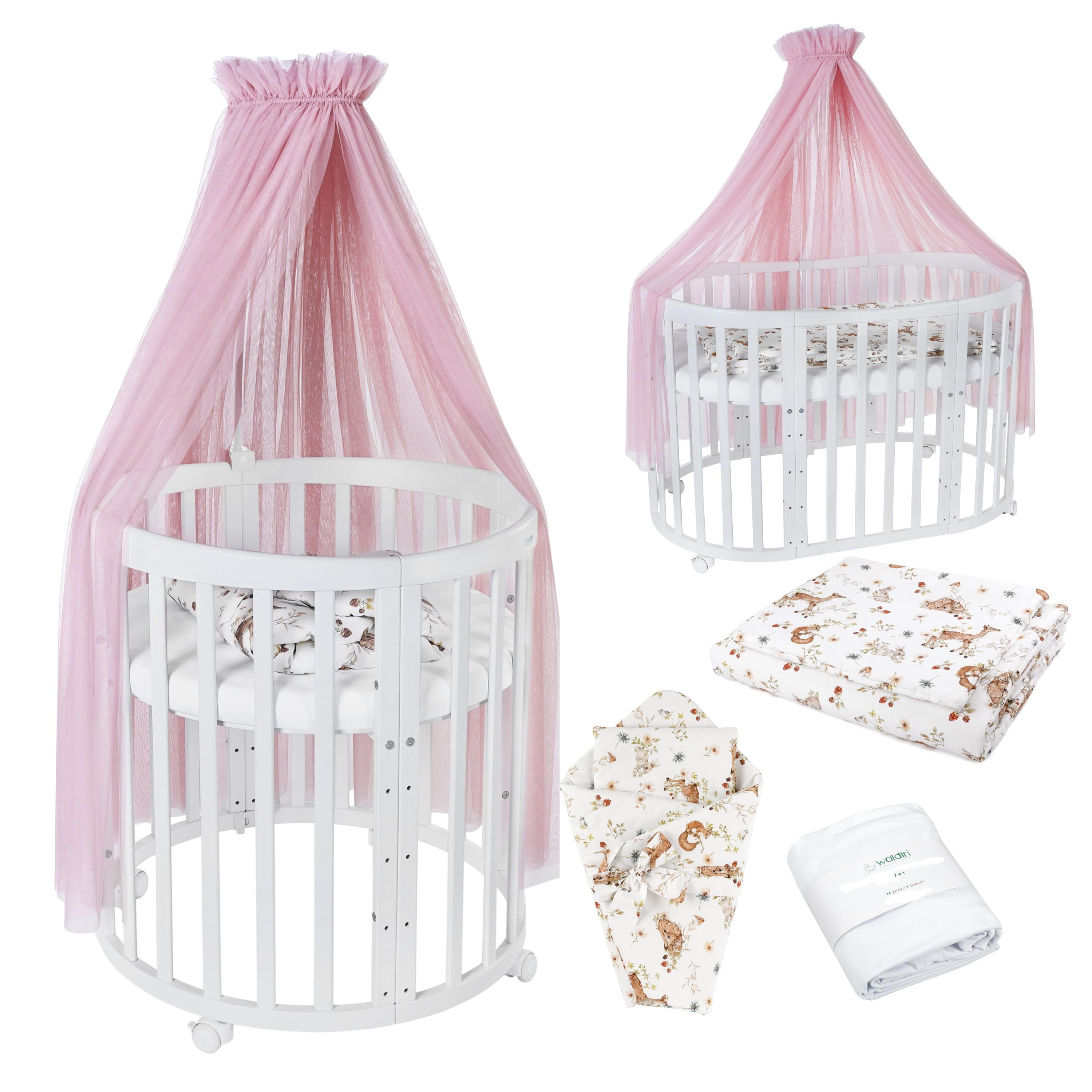 BABYBETT WHITE OVAL 7in1 mit Matratze und Himmelset - Weiß/Rosa, Holz/Textil (73/125cm) - waldin
