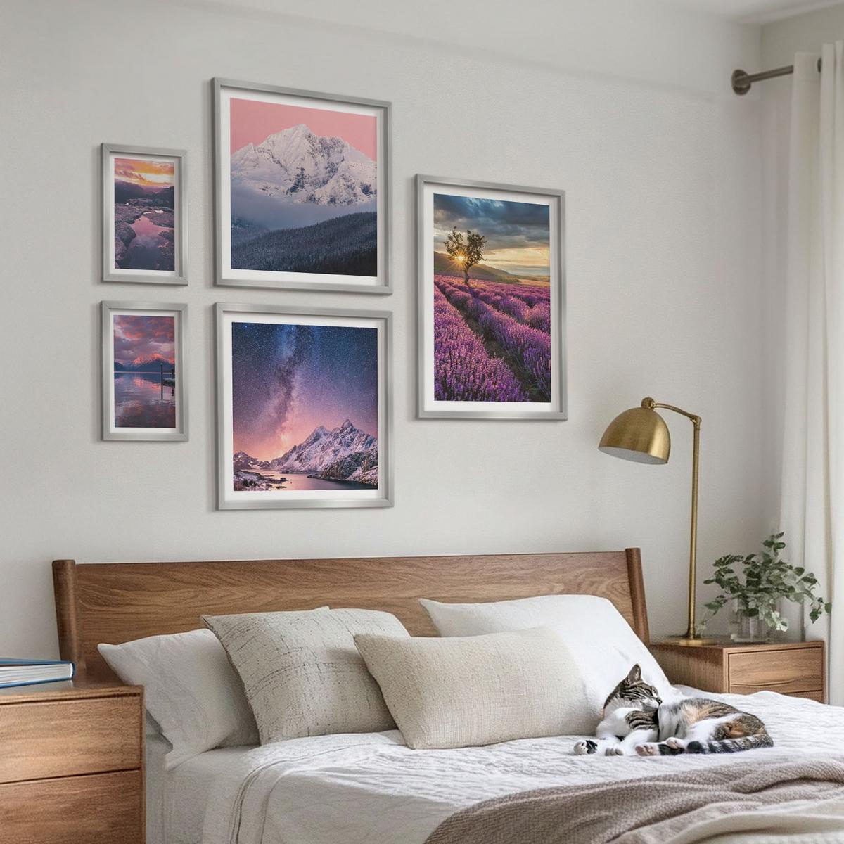 BILDER SET 5er Set - 50x50 cm & 20x30 cm & 40x60 cm Silberner Rahmen - Nachtstädte mit Neonlichtern - Silberfarben, Kunststoff (40/60cm) - TULUP