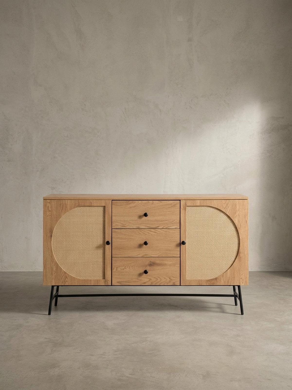 SIDEBOARD – Eiche-Dekor/Rattan, 140x80x40 cm, 2 Türen, 3 Schubladen, hoch - Schwarz/Braun, Holzwerkstoff/Metall (140/80/40cm) - KADIMA DESIGN