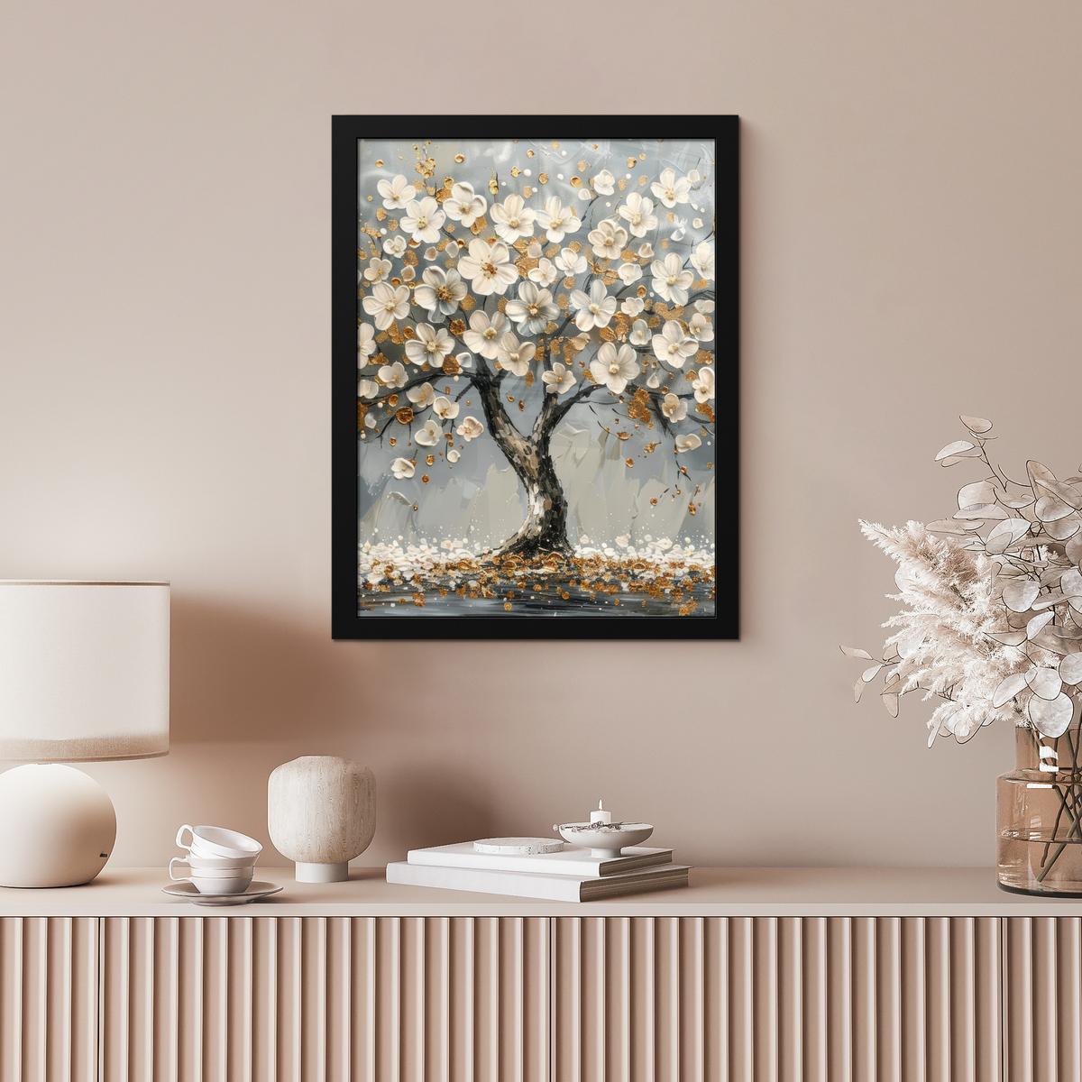 POSTER MIT RAHMEN Baum - Blumen - Weiß - Natur - Kunst Bilderrahmen 30x40 cm - Weiß, Papier (30/40cm) - MuchoWow