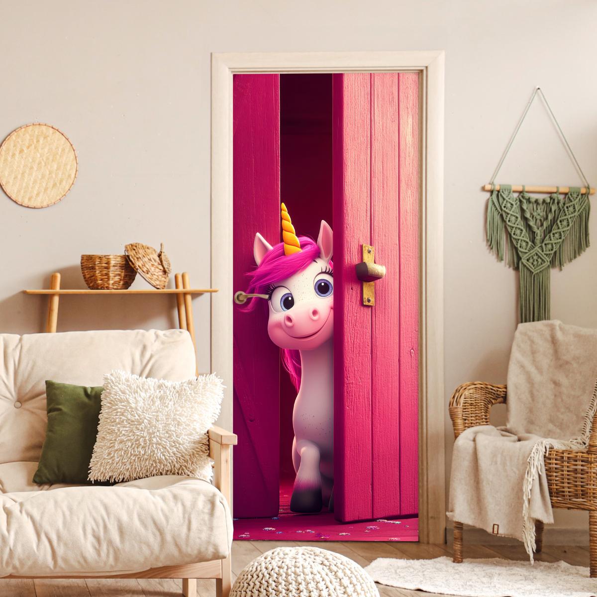 TÜRAUFKLEBER Einhorn - Rosa - Tür - Fantasie Room Decor 85x205 cm - Türtapete - Pink, Kunststoff (85/0.1cm) - MuchoWow