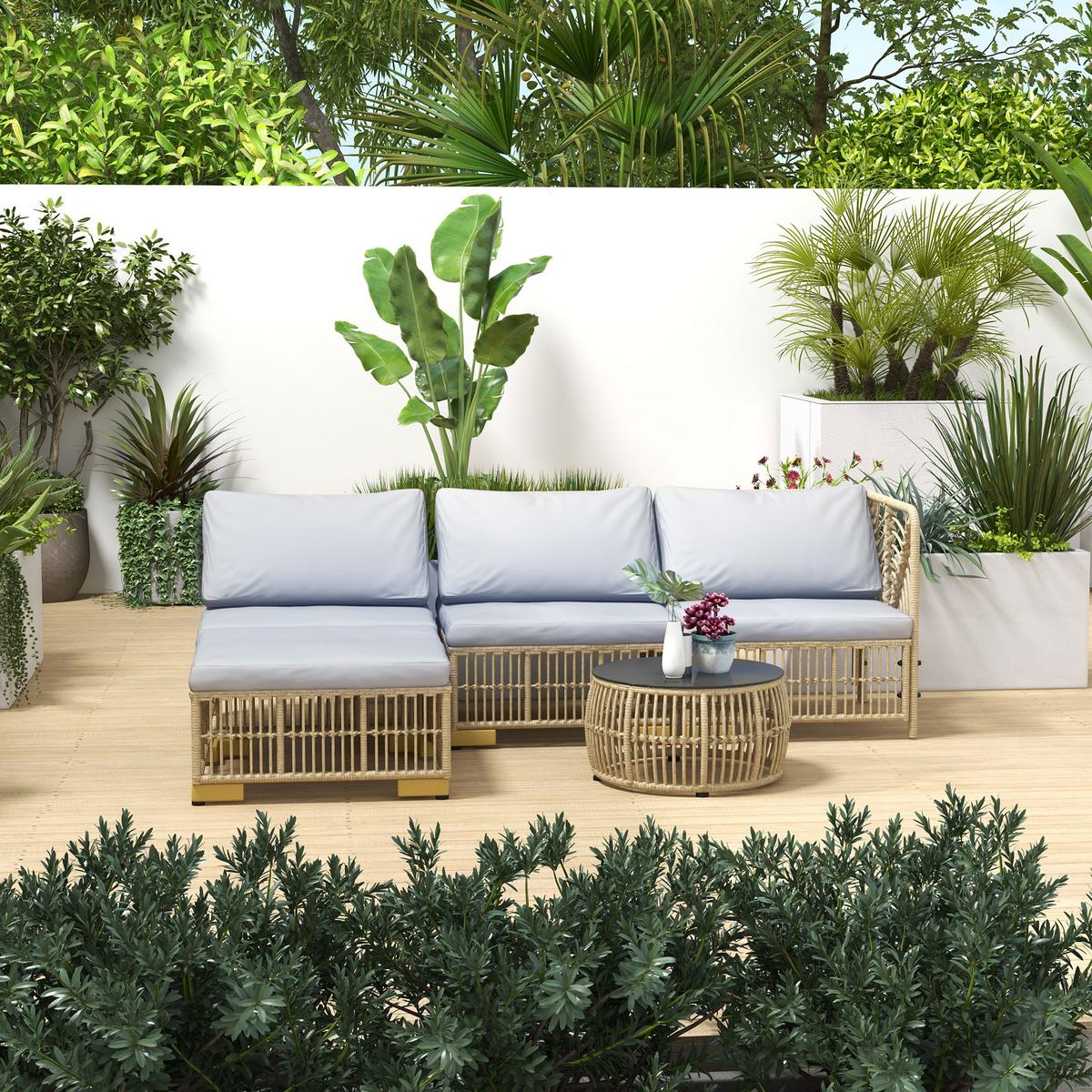 GARTENMÖBEL Set, PE Rattan, Beige+Grau - Beige/Grau, Kunststoff - Outsunny