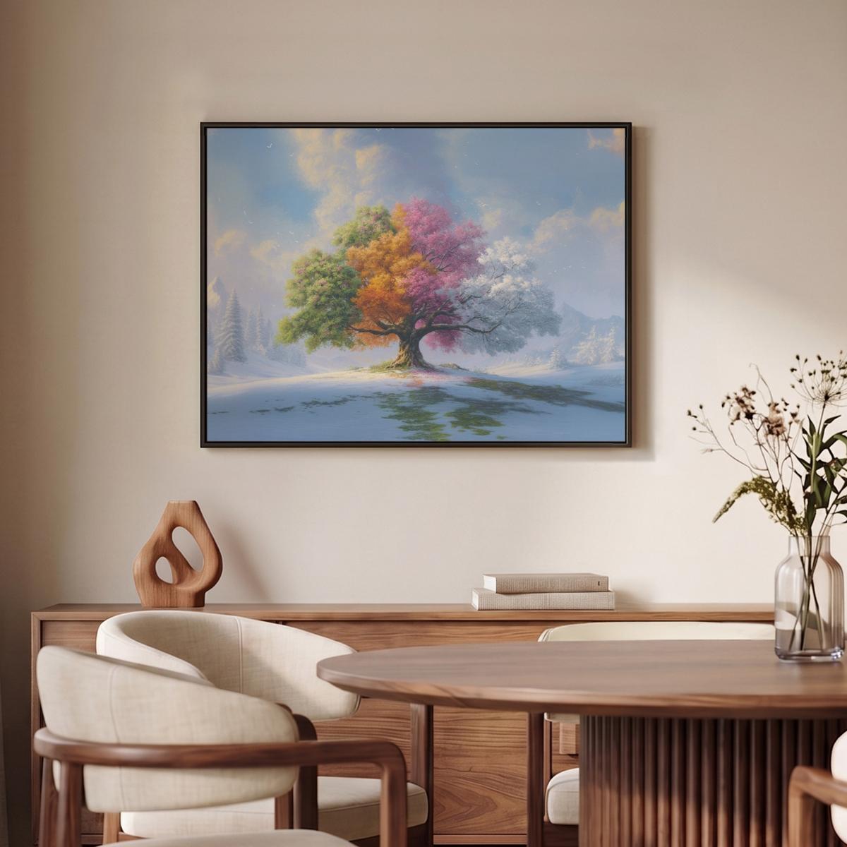 LEINWAND Bilder mit Rahmen - Baum - Jahreszeiten - Winter - Landschaft - 80x60 - Multicolor, Textil (80/60cm) - MuchoWow