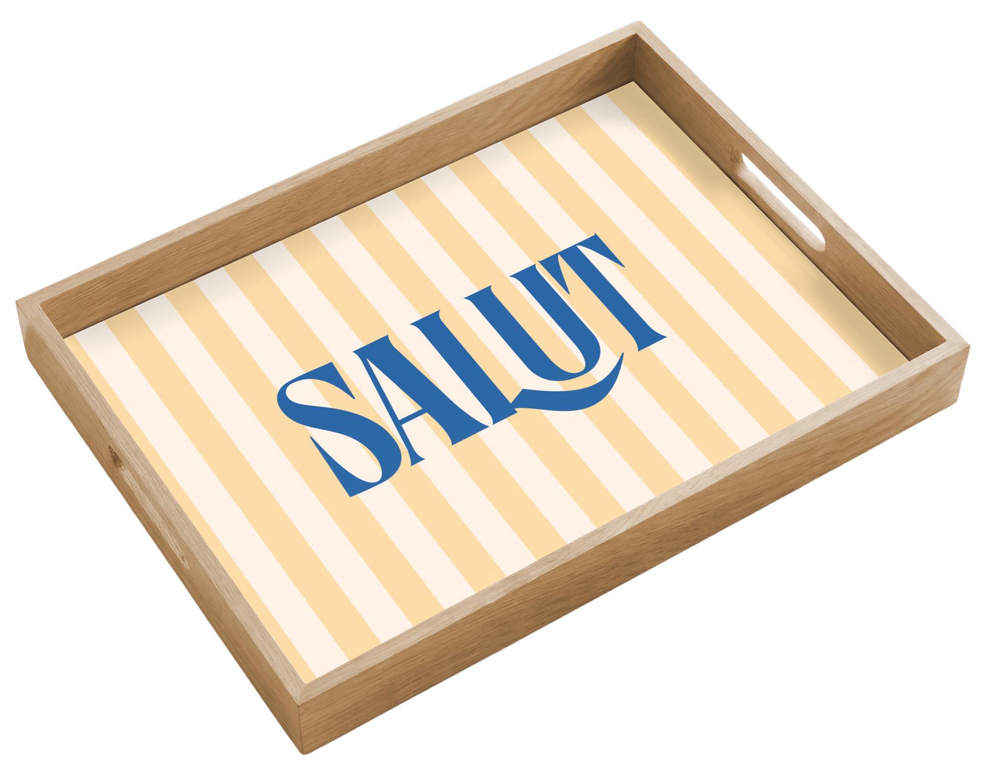 TABLETT Salut - Zitat - Streifen - Gelb - Blau - Weiß 50x35 cm - Beige, Holz (50/5/5cm) - OnlyWow