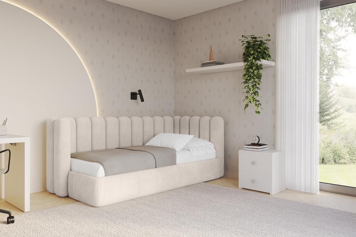 EINZELLBETT Jugendbett mit Bettkasten und Matratze H3/H4, Links - HUGY 100x200 Beige - Ecru, Holzwerkstoff/Textil (100/200cm) - ALTDECOR