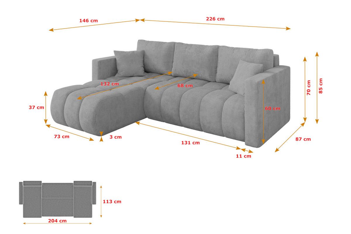 ECKSOFA mit Schlaffunktion Ottomane Links GARD-L 226x146x85 Grau Cord - Schwarz/Grau, Holzwerkstoff/Kunststoff (226/146cm) - ALTDECOR