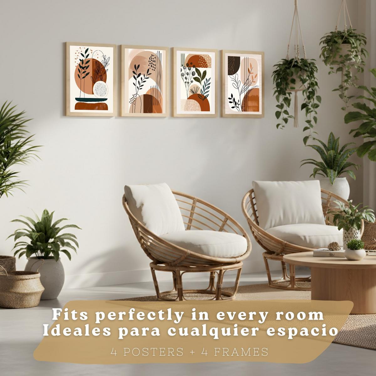 POSTER 4er Kunstdruck-Set Wandbilder Botanisch Abstrakt modern Wohnzimmer Deko, Schlafzimmer, Küche, Badezimmer Leichter Holzrahmen A3 - Beige, Papier (29.7/1/42cm) - Nacnic