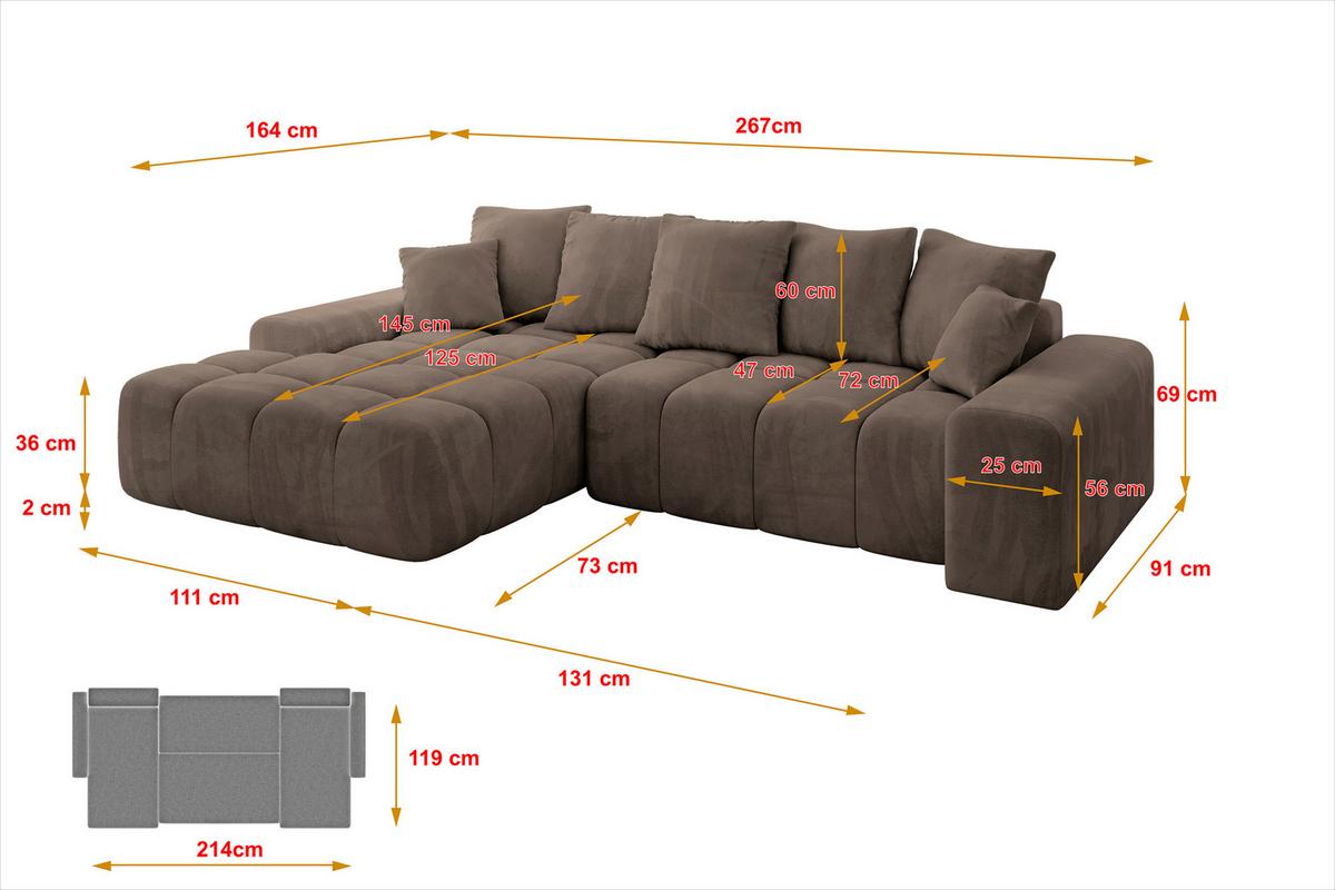 ECKSOFA Ottomane Links ENSI-L - 267x164x69 cm Braun - Braun, Holzwerkstoff/Kunststoff (267/164cm) - ALTDECOR