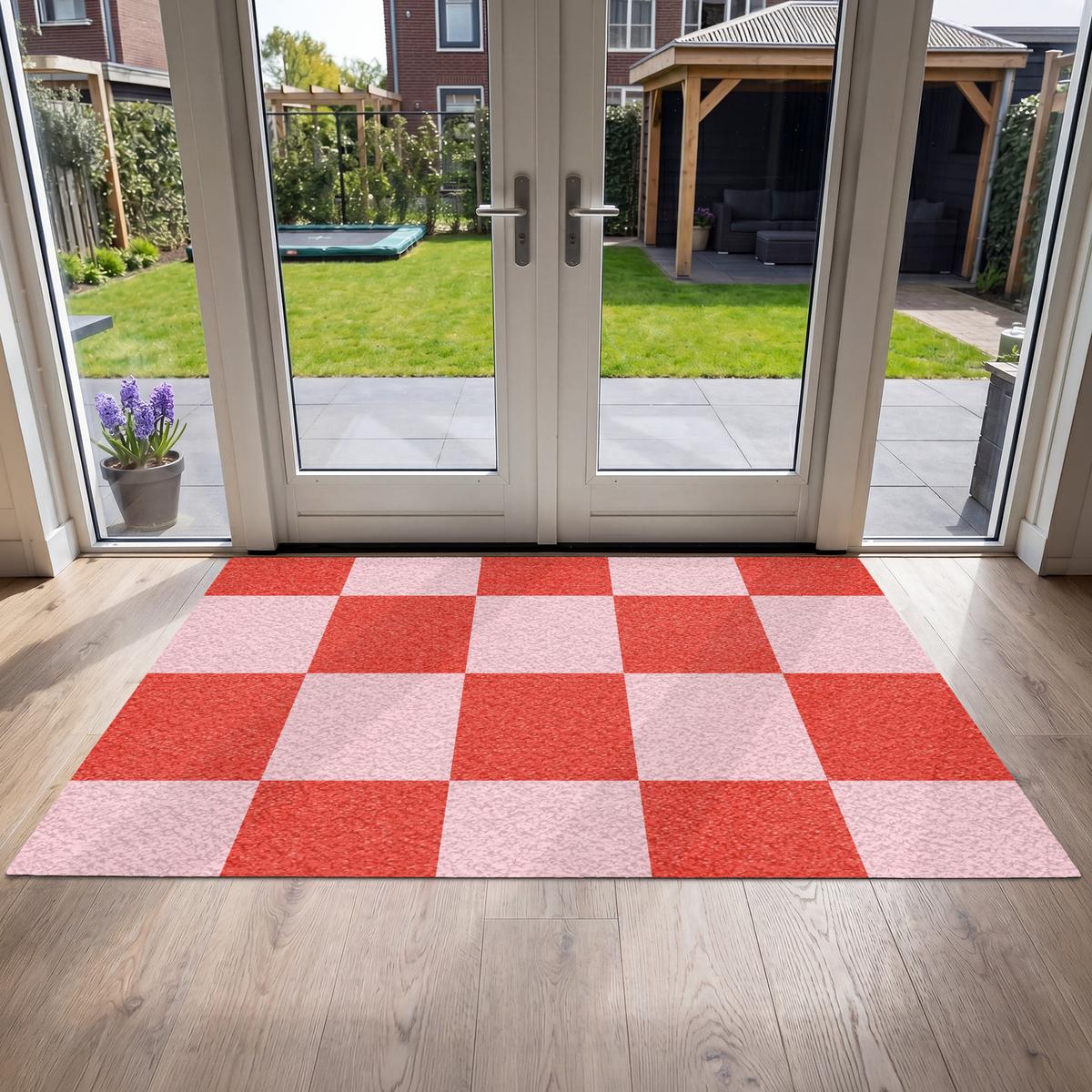 FUSSMATTE Schachbrettmuster - Rot - Rosa - Würfel Türmatte 180x120 cm - Rot, Kunststoff (180/0.4cm) - MuchoWow