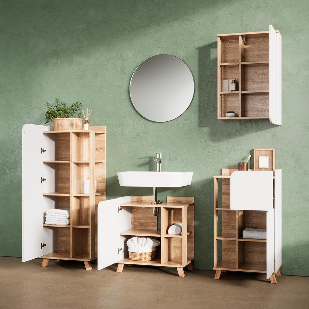 BADMÖBEL-SET Marano Sonoma/Weiß 5 Teile - Weiß/Sonoma Eiche, Holzwerkstoff (60/65/35cm) - Livinity®