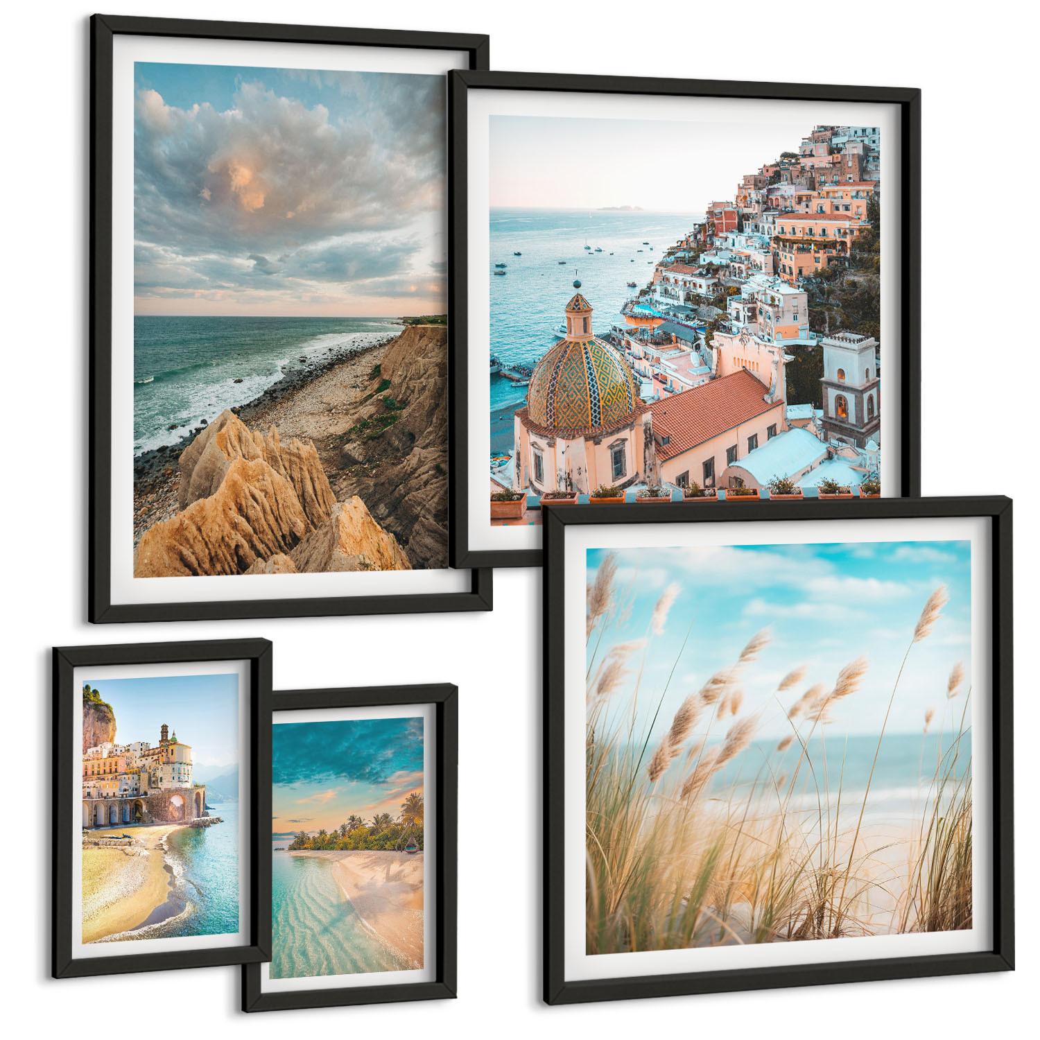 BILDER SET 5er Set - 50x50 cm & 20x30 cm & 40x60 cm Schwarzer Rahmen - Landschaften Strand Stadt Klippen - Schwarz, Kunststoff (40/60cm) - TULUP