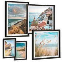 BILDER SET 5er Set - 50x50 cm & 20x30 cm & 40x60 cm Schwarzer Rahmen - Landschaften Strand Stadt Klippen - Schwarz, Kunststoff (40/60cm) - TULUP