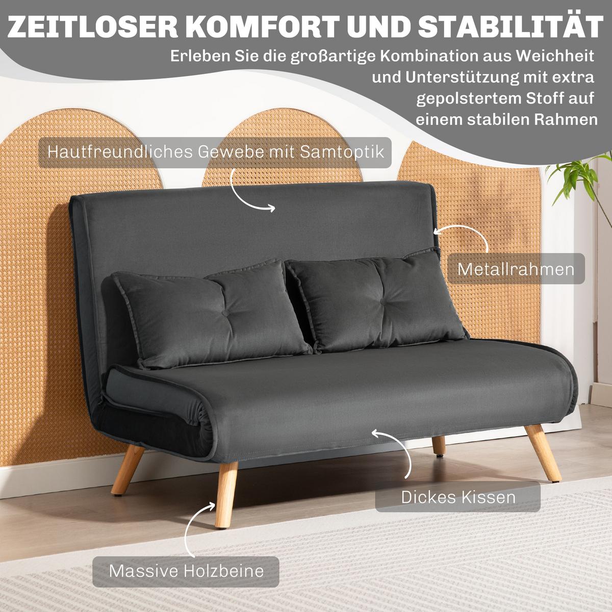 SCHLAFSOFA 3 in 1, 120 x 190 cm Schlaffunktion, Lendenkissen - Dunkelgrau/Naturfarben, Holz/Textil (75/87/120cm) - HOMCOM