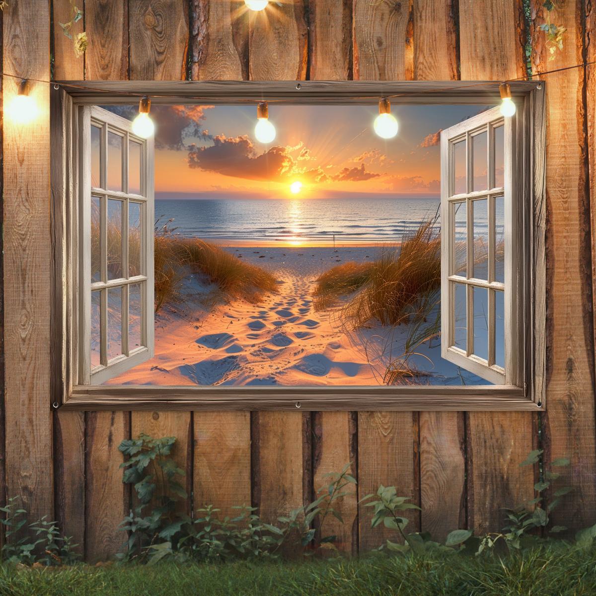 GARTENPOSTER Durchblick - Strand - Dünen - Sonnenuntergang Poster für draußen 180x120 cm - Orange, Kunststoff (180/120/0.2cm) - OnlyWow