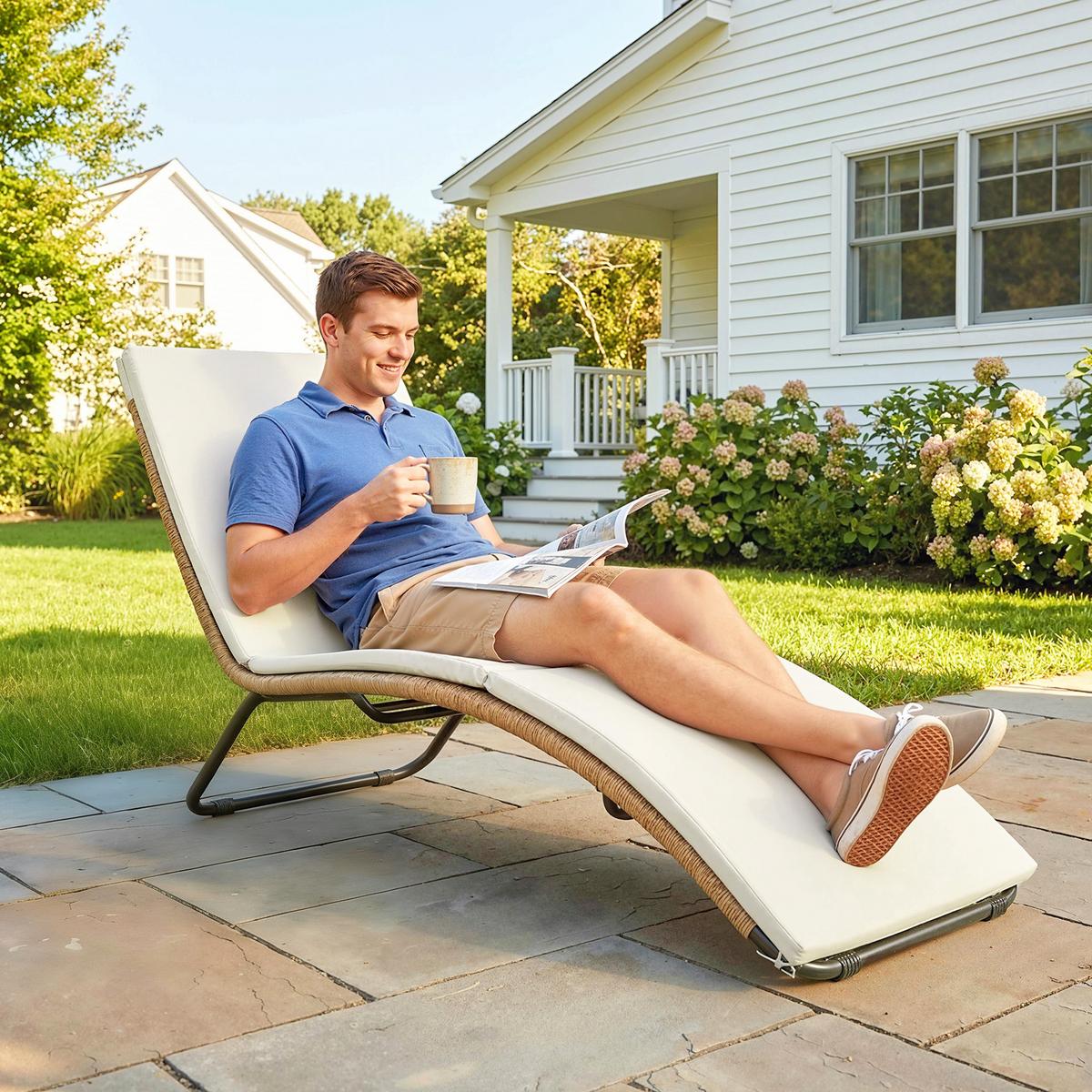 RATTAN-SONNENLIEGE Stahl PE-Rattan Cremeweiß - Creme/Weiß, Textil/Metall (57/80/175cm) - Outsunny