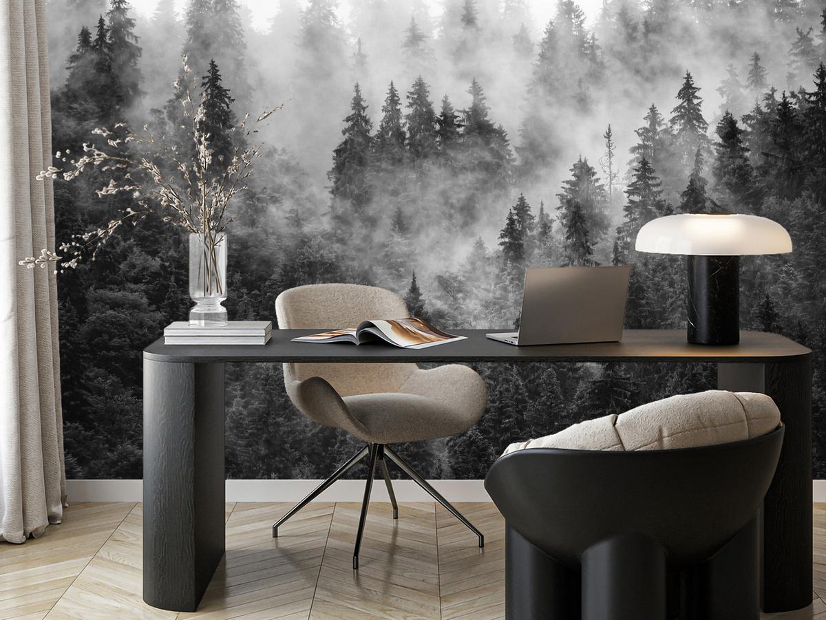 FOTOTAPETE für Wohnzimmer Dichter Nebel Forst Bäume 450x315 - Schwarz/Weiß, Papier (450/315cm) - Muralo
