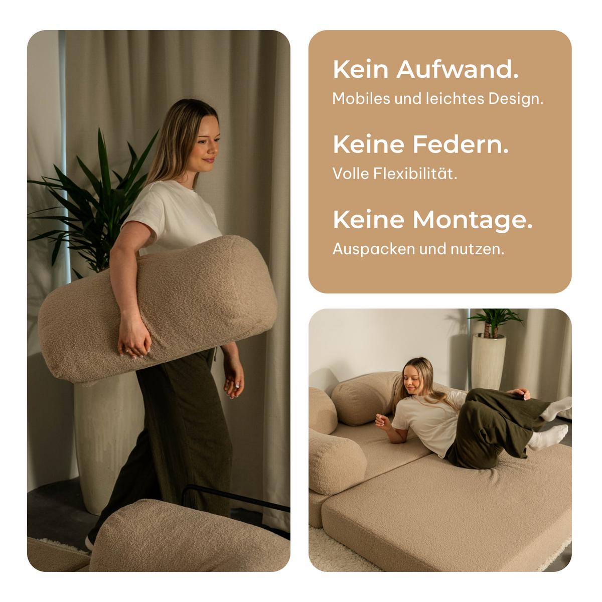 ECKSOFA KELI modulares Boneless Sofa mit Schlaffunktion Beige Boucle-Stoff - Beige, Textil (270/160cm) - MASSENO