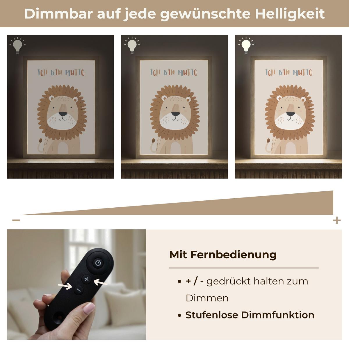 WANDLEUCHTE MIT AKKU Löwe - Beige - Tier - Mutig - Zitat 30x40 cm - Beige, Holzwerkstoff (30/40/8cm) - OnlyWow