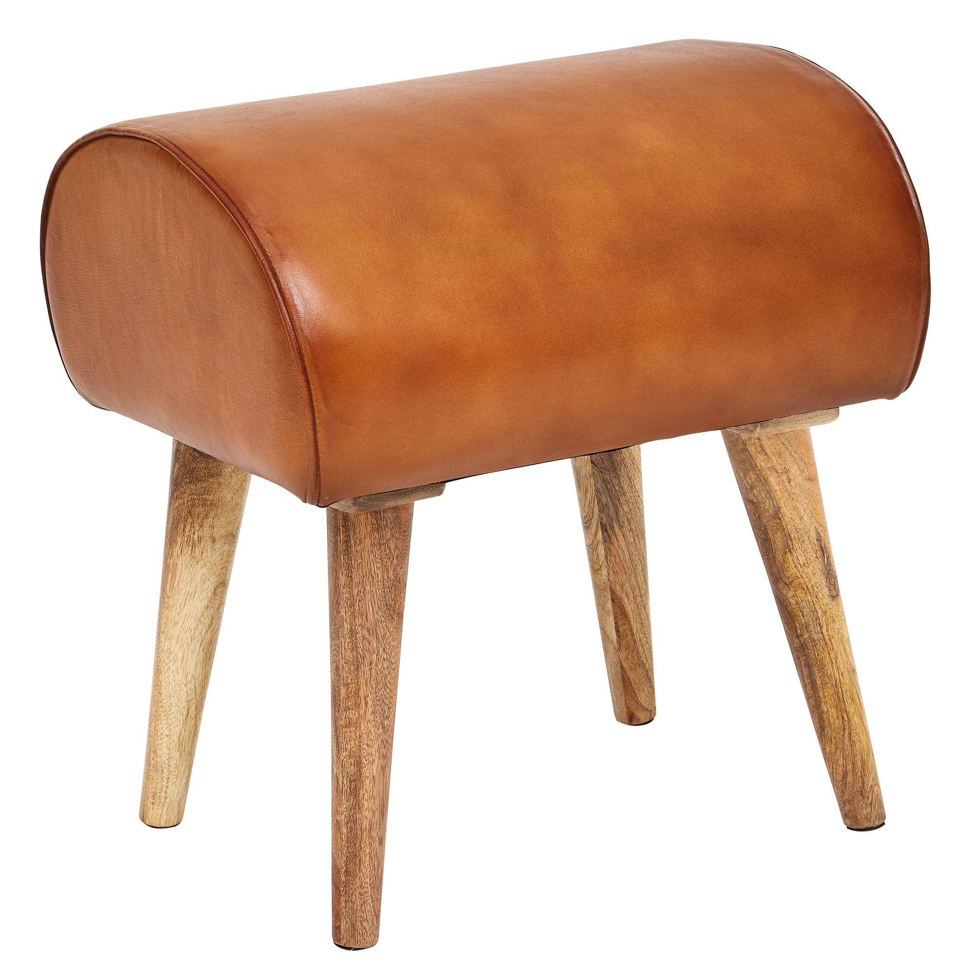 SITZHOCKER – Echtleder/Massivholz, 45x53x40 cm, 120 kg Belastbarkeit - Braun, Mangoholz/Leder (45/53/40cm) - KADIMA DESIGN