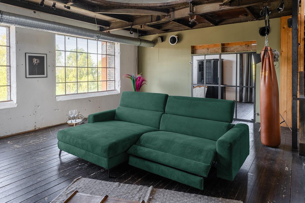 ECKSOFA LAISKA Smaragdgrün Cord Relaxfunktion - Smaragdgrün/Schwarz, Textil/Metall (282/177cm) - KAWOLA
