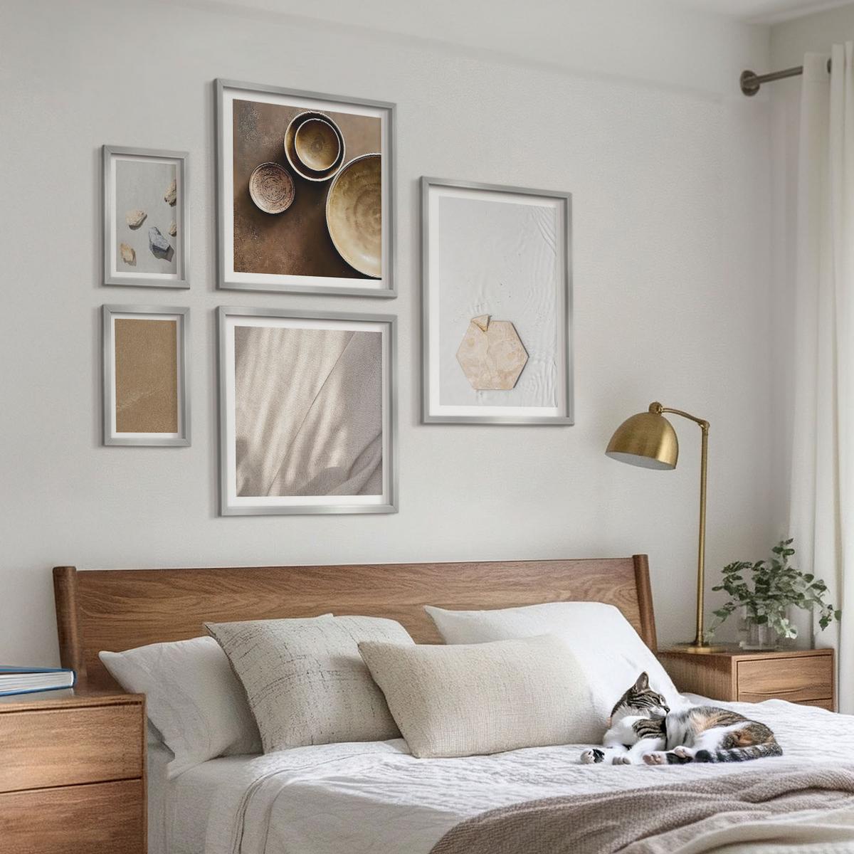 BILDER SET 5er Set - 50x50 cm & 20x30 cm & 40x60 cm Silberner Rahmen - Minimalistische warme Texturen - Silberfarben, Kunststoff (40/60cm) - TULUP