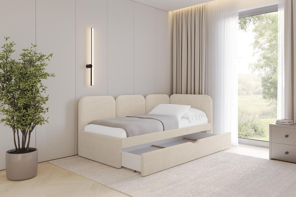 EINZELLBETT Jugendbett mit Bettkasten und Matratze H3/H4, Links - ALVY 90x200 Beige - Creme, Holzwerkstoff/Textil (90/200cm) - ALTDECOR