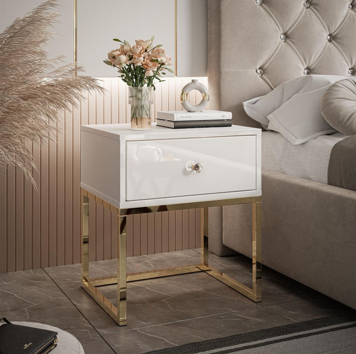 NACHTTISCH BLANCO GOLD Weiß auf goldenem verchromtem Gestell Kristallgriff - Weiß Hochglanz/Goldfarben, Holzwerkstoff (45/52/36.6cm) - Lookway