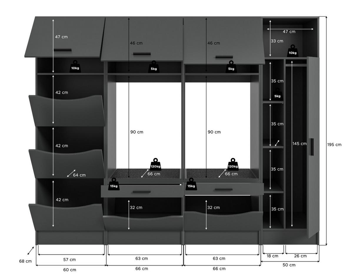 WASCHMASCHINENSCHRANK grau Set 4-teilig 242 x 196 cm, viel Stauraum - Schwarz/Grau, Holzwerkstoff/Kunststoff (242/196/68cm) - Inn.Furn