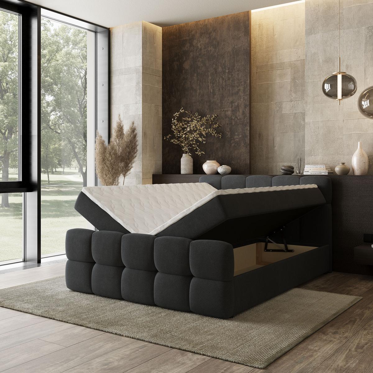 BOXBETT BRUME 200x200 cm mit Matratze und Topper, H2+H3 - Schwarz - Schwarz, Holz (200/200cm) - MASSENO