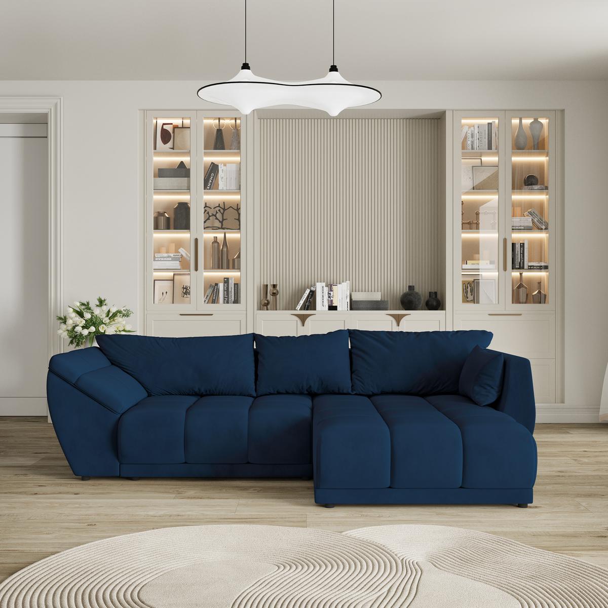 ECKSOFA ORENTI R-S Blau Velours-Stoff mit Schlaffunktion - Blau, Holz (287/182cm) - MASSENO