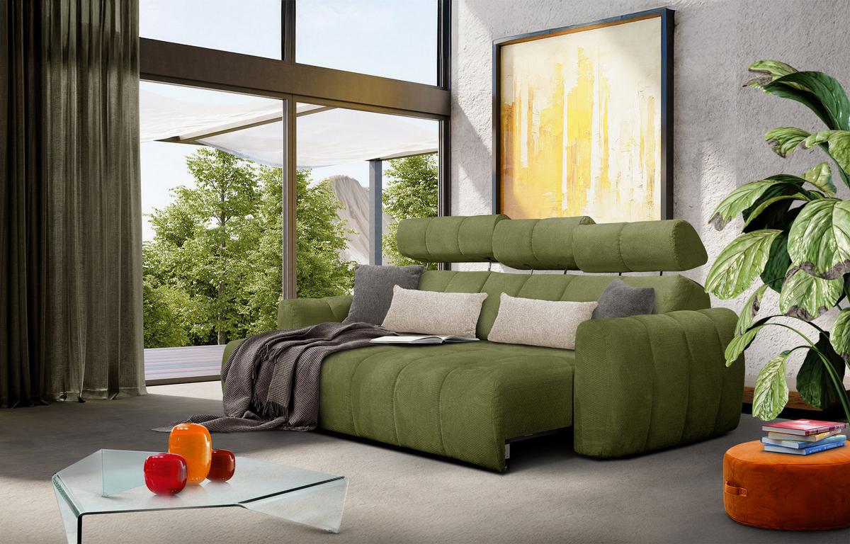 ECKSOFA KIMI 3-Sitzer, ausziehbarer Sitz, verstellbare Kopfstützen, olivgrün - Schwarz/Olivgrün, Holzwerkstoff/Textil (270/160cm) - Wozimo