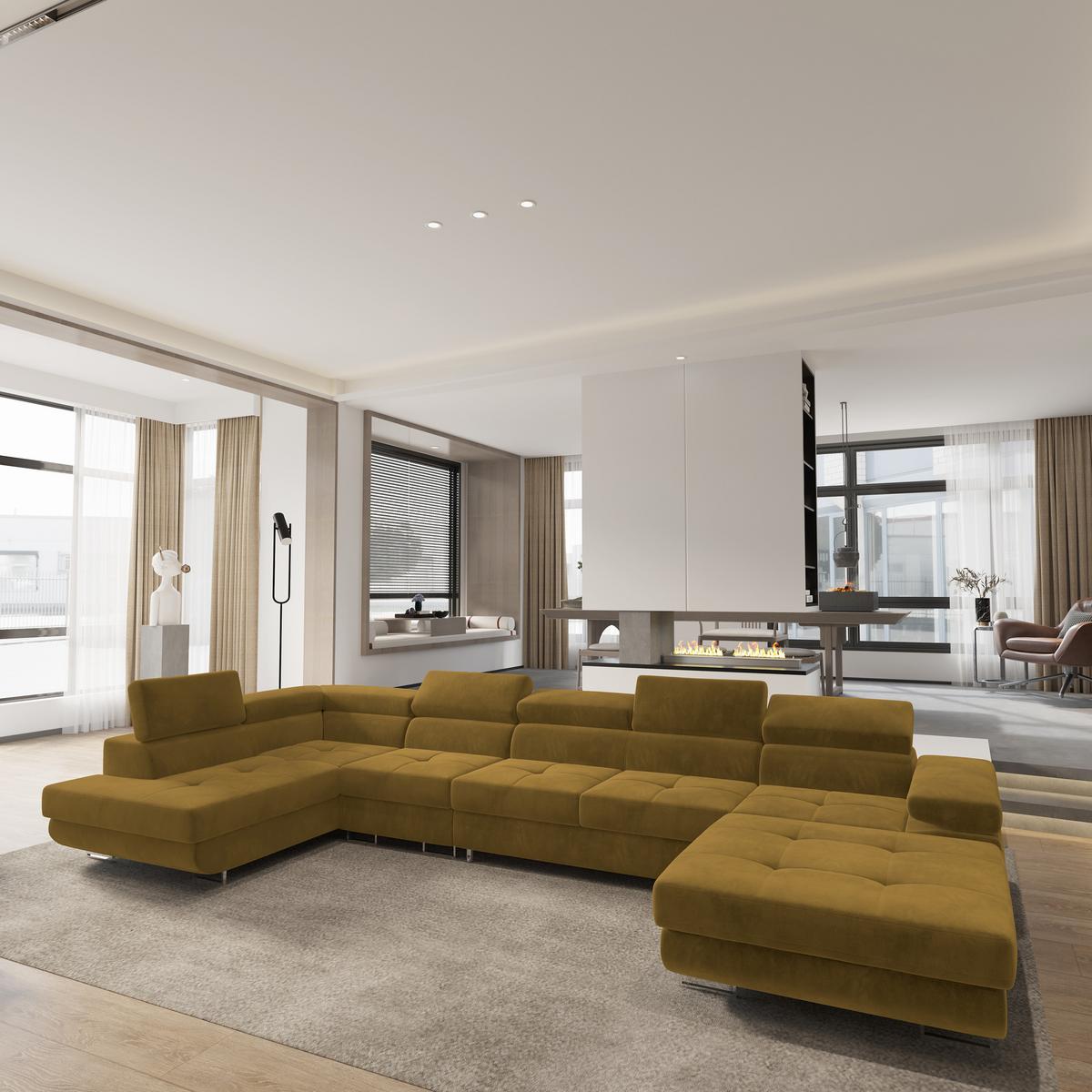WOHNLANDSCHAFT VELORA L-S Gelb Velours-Stoff mit Schlaffunktion - Gelb, Holz (419/90/202cm) - MASSENO