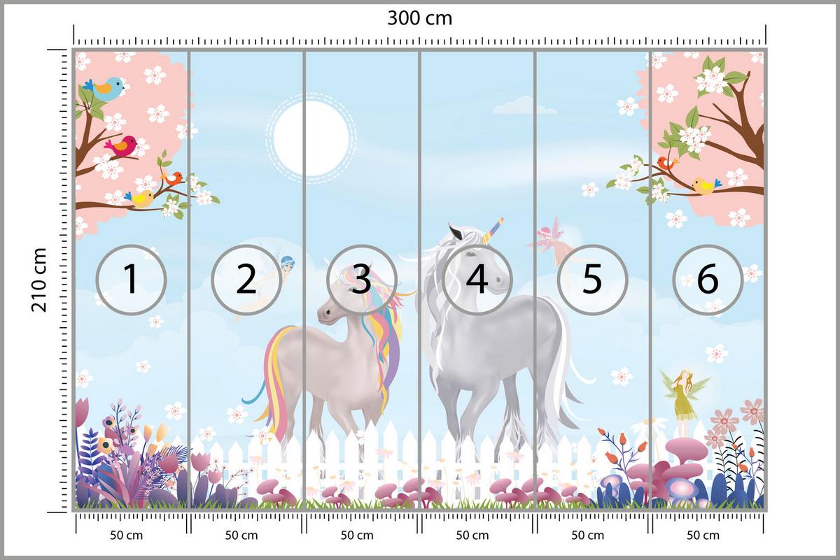FOTOTAPETE für Kinderzimmer Einhörner Wiese Vögel Bäume Blumen 300x210 - Multicolor, Papier (300/210cm) - Muralo