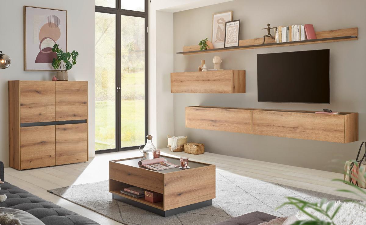 HIGHBOARD Evoke Eiche, Grau, 100 x 120 cm, Kommode 4-türig 8 Fächer - Eichefarben/Schwarz, Holzwerkstoff/Kunststoff (100/120/40cm) - Furn.Design