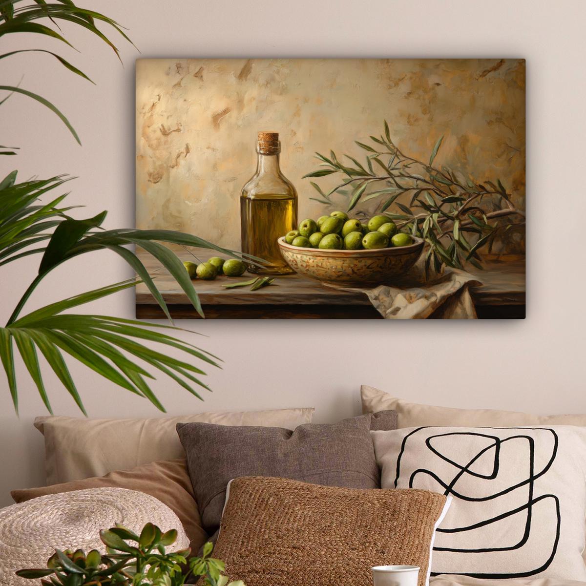 LEINWANDBILD Oliven - Stilleben - Vintage Wanddeko 90x60 cm - Olivgrün, Textil (90/60cm) - MuchoWow