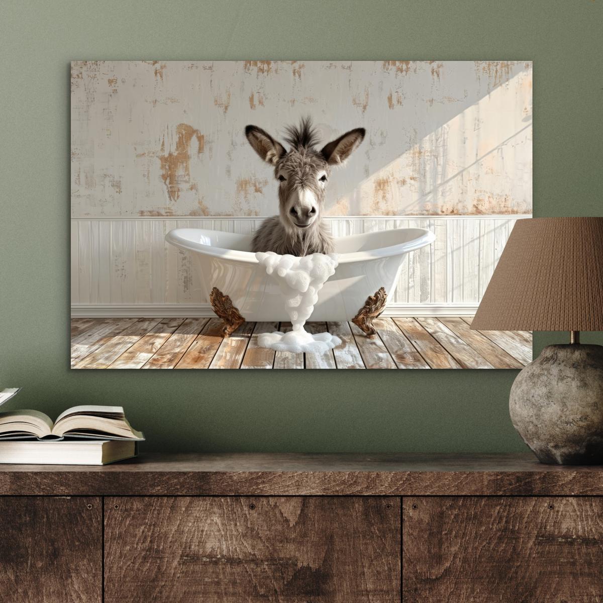 METALLBILD Esel - Tiere - Badewanne - Schaumstoff Wandbild 60x40 cm - Weiß, Metall (60/40cm) - MuchoWow