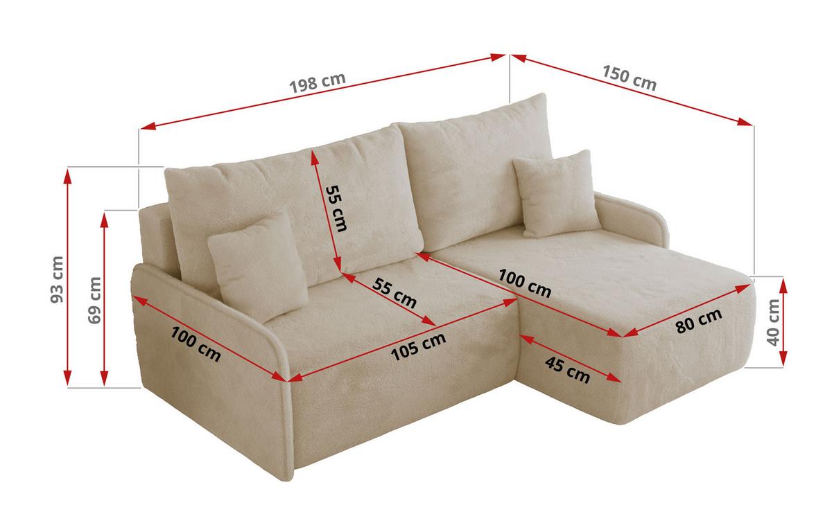 ECKSCHLAFSOFA ARPA L Creme Plüsch - links - Creme/Schwarz, Kunststoff/Textil (198/150cm) - MKS