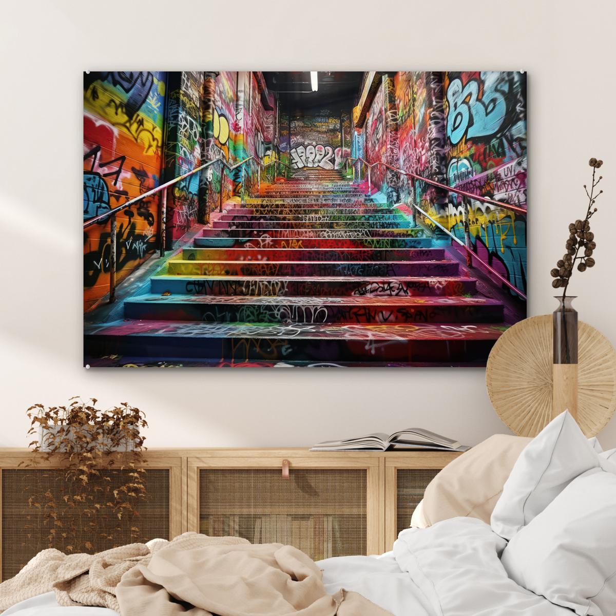 ACRYLGLASBILD Treppe - Graffiti - Farben - Kunst Wandbild Schlafzimmer 120x80 cm - Multicolor, Glas (120/80cm) - MuchoWow