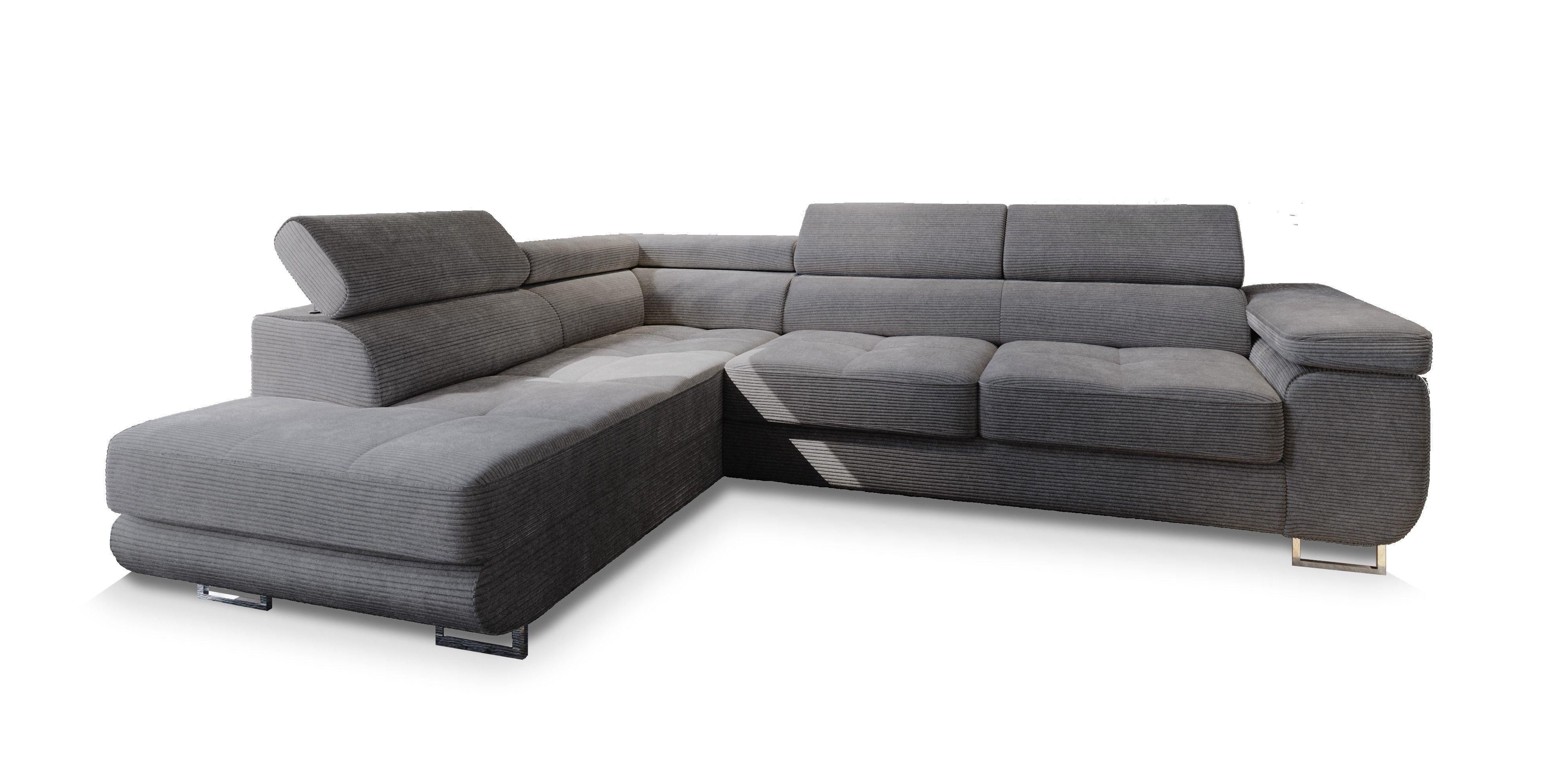 ECKSOFA APIRO L-S Graphitfarben Kordstoff mit Schlaffunktion - Silberfarben/Graphitfarben, Holz/Textil (276/202cm) - MASSENO