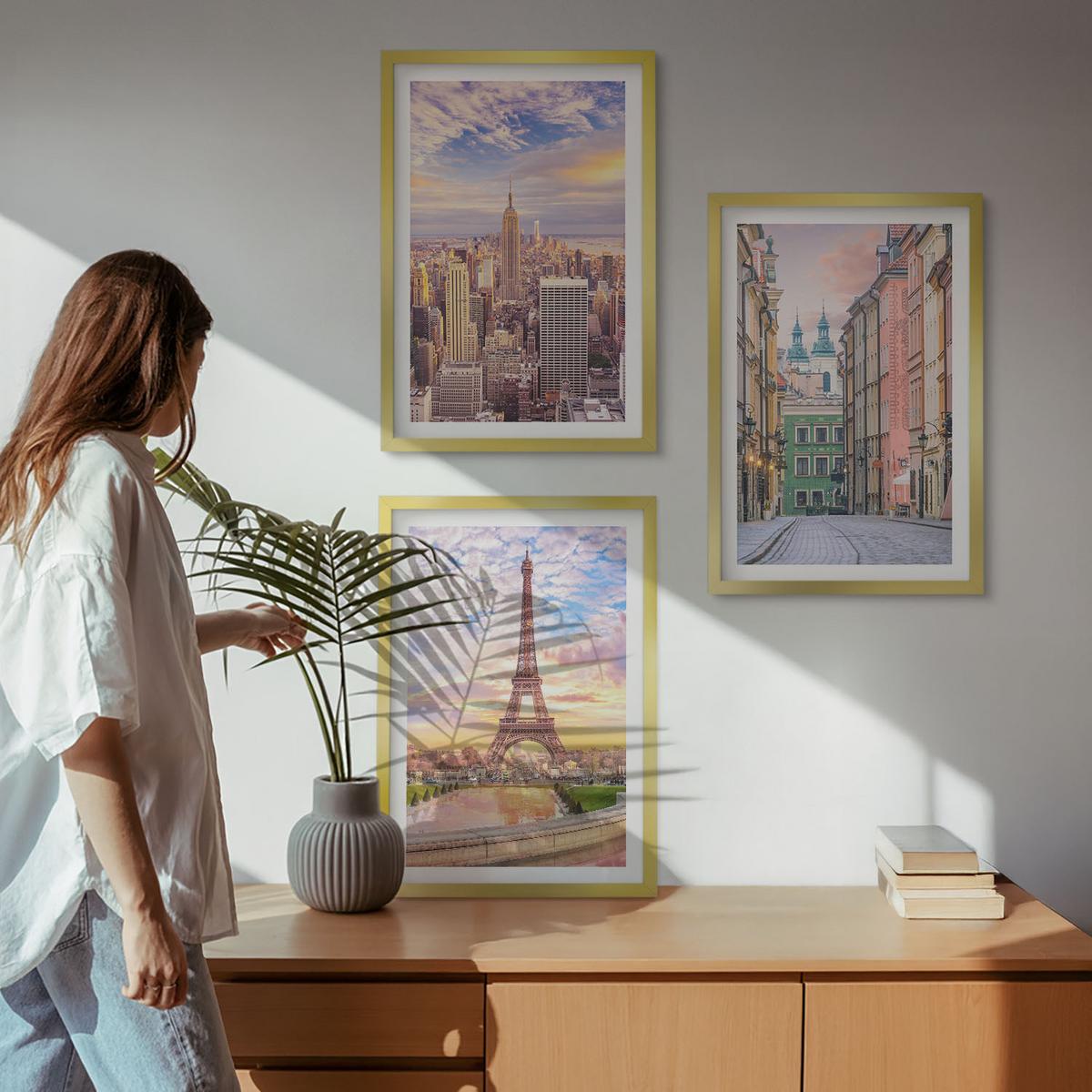 BILDER SET 3er Set - 40x60 cm Goldrahmen - Städte New York Paris Dämmerung - Goldfarben, Kunststoff (40/60cm) - TULUP