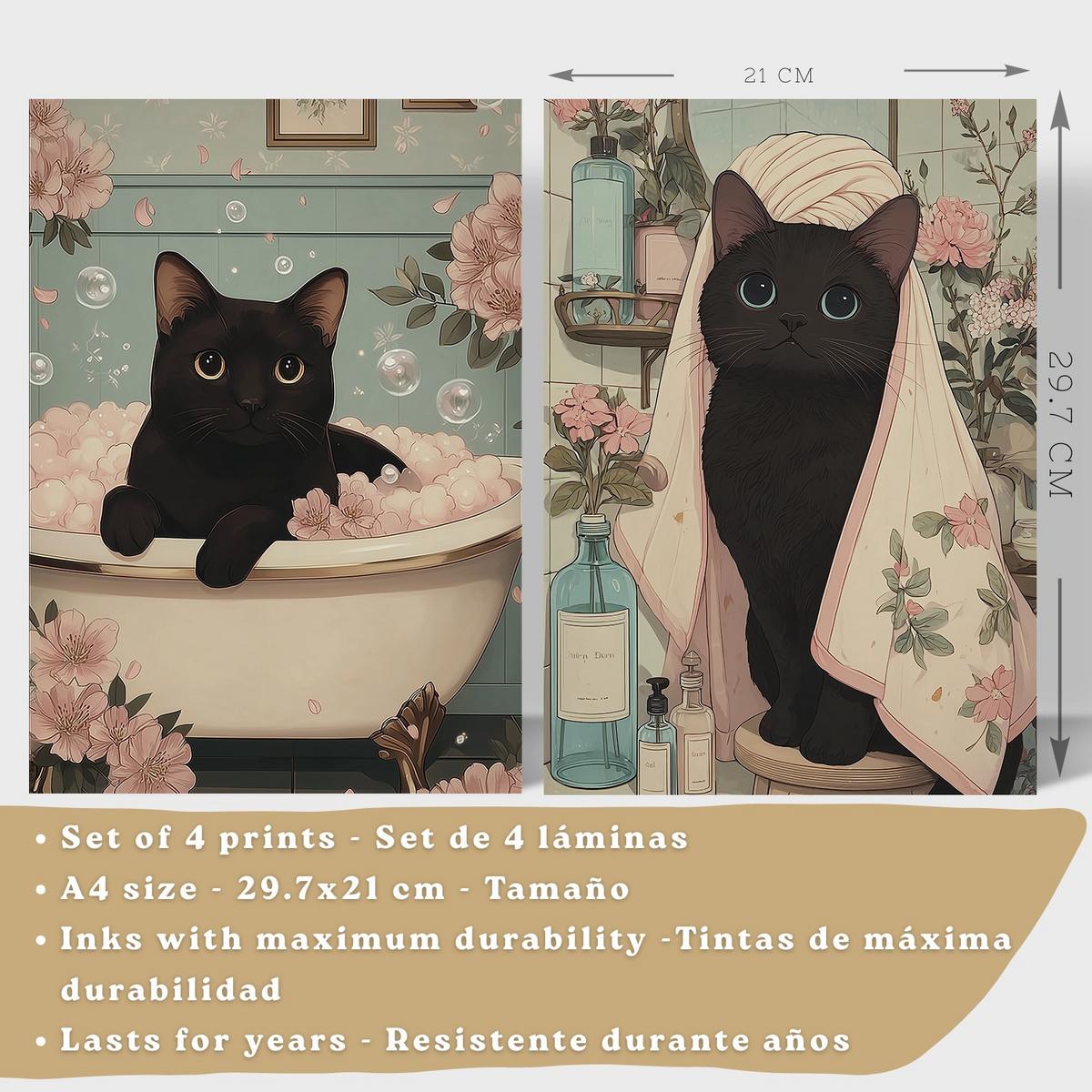 POSTER 4er-Set dekorative Kunstdrucke, schwarze Katze im Badezimmer, niedliches Blumenposter für Toilette, Schlafzimmer, sanfter Schwarzer Rahmen A4 - Schwarz, Papier (29.7/21/3cm) - Nacnic