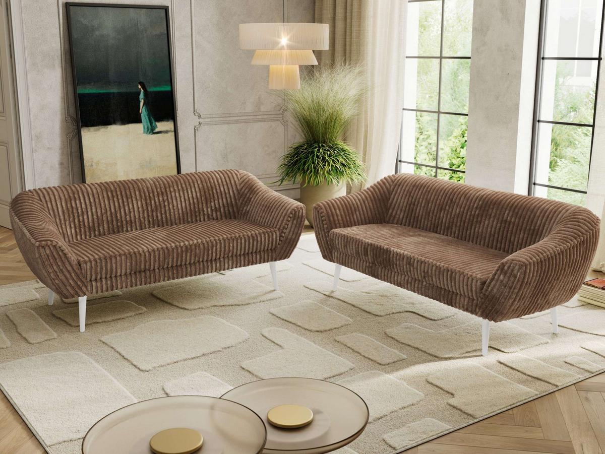 SITZGARNITUR PIRS 3+3 - Braun Cord - Weiße Beine - Braun/Weiß, Holzwerkstoff/Textil (180/75/74cm) - MKS