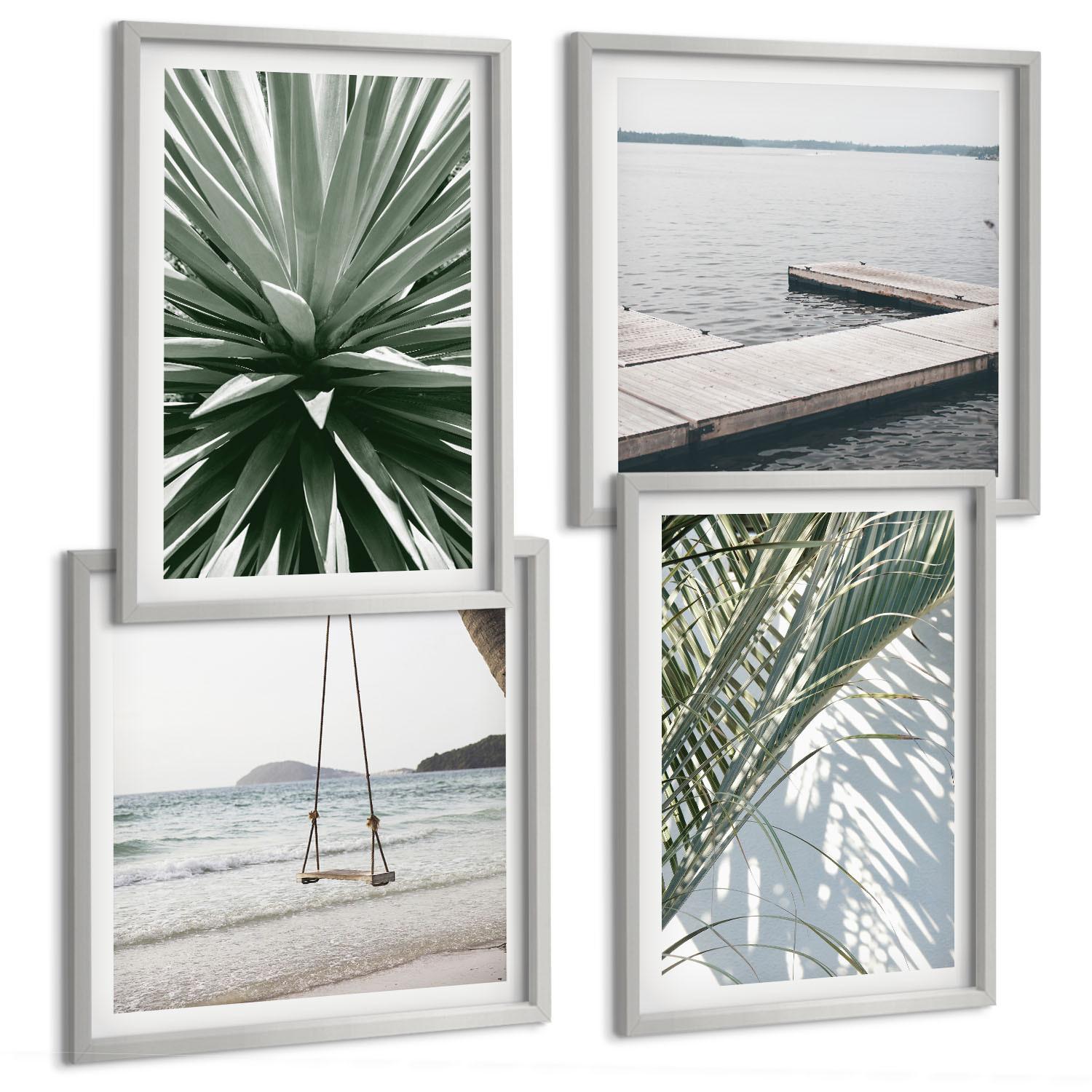 BILDER SET 4er Set - 50x50 cm & 40x60 cm Silberner Rahmen - Hängebrücke aus Palmenblättern - Silberfarben, Kunststoff (50/50cm) - TULUP