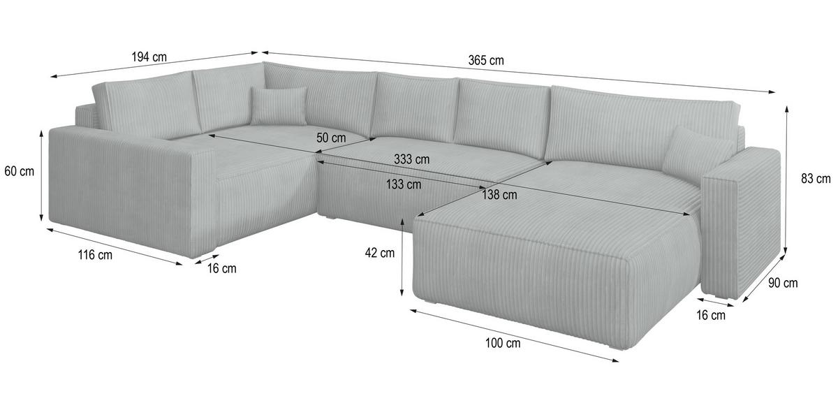 WOHNLANDSCHAFT VELAMI R-S Beige Kordstoff mit Schlaffunktion - Beige, Holz (365/83/194cm) - MASSENO